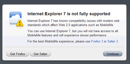 meie7 Mobile Me warning when used on Internet Explorer 7