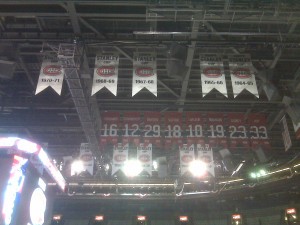 All the banners and retired numbers in the rafters at the Bell Centre