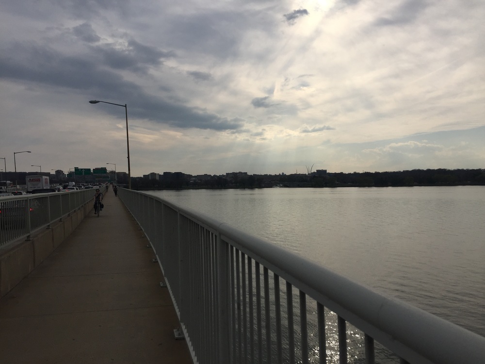 Crossing the 14th Street bridge towards Virginia. You can see the Air Force Memorial in the background.