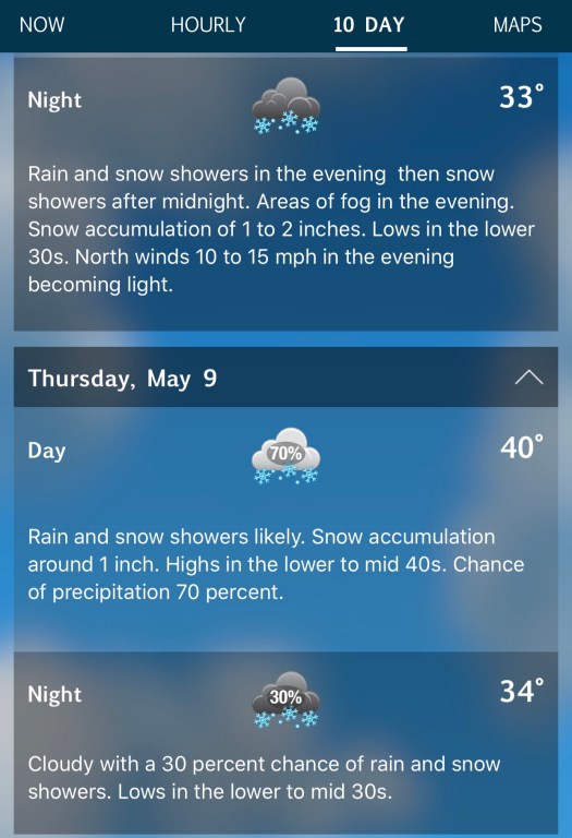The weather forecast for this evening and tomorrow. Snow it is. 